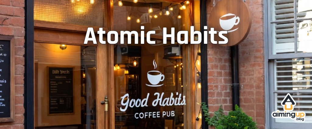 Atomic Habits Banner. Front door of the Good Habits Coffee Pub